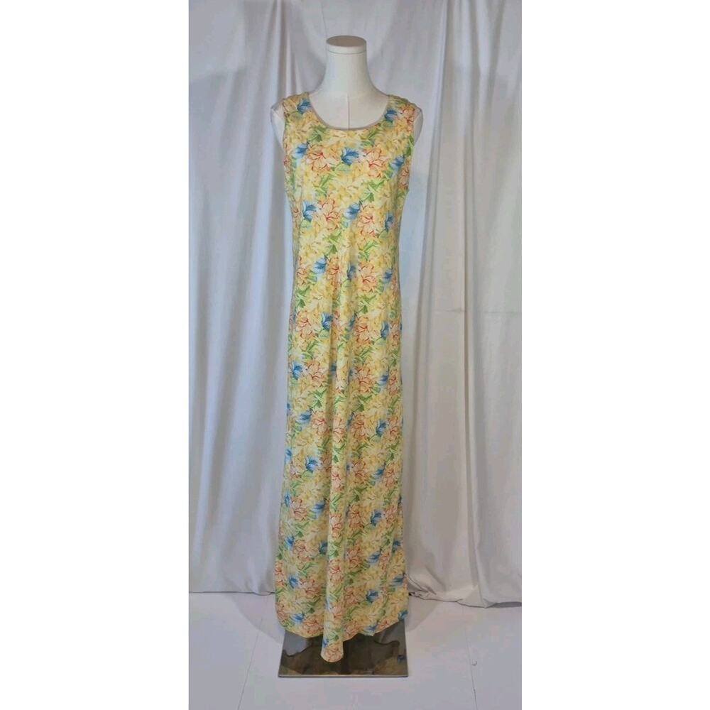 Hilo Hattie Yellow Blue Floral Hawaiian Maxi Dress Medium